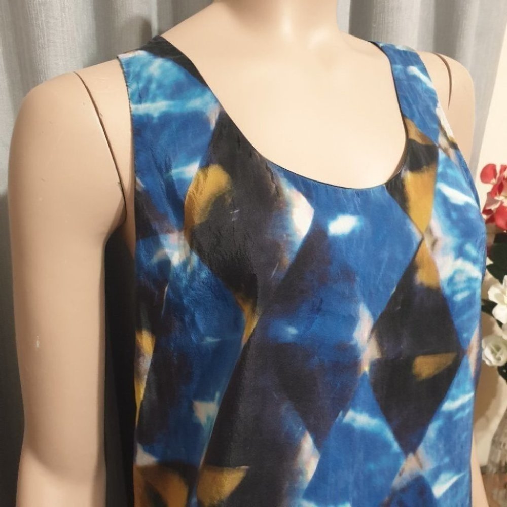 SABA AU-12 Blue/Black Abstract Sleeveless Top Scoop Neck Viscose/Silk Good Condi - Picture 2 of 11